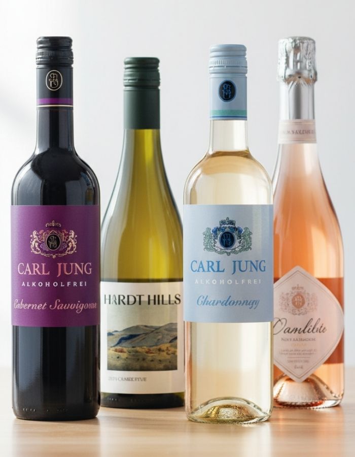 alkoholfreier Wein in verschiedenen Flaschen